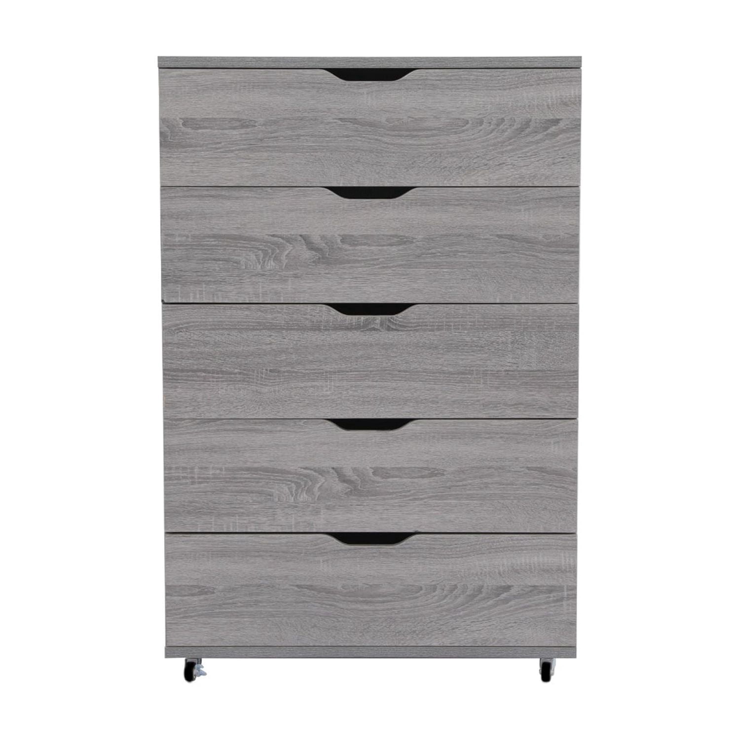 Homy Casa Gray Wood 5 Drawer Dresser Chest with Wheels for Bedroom Closet
