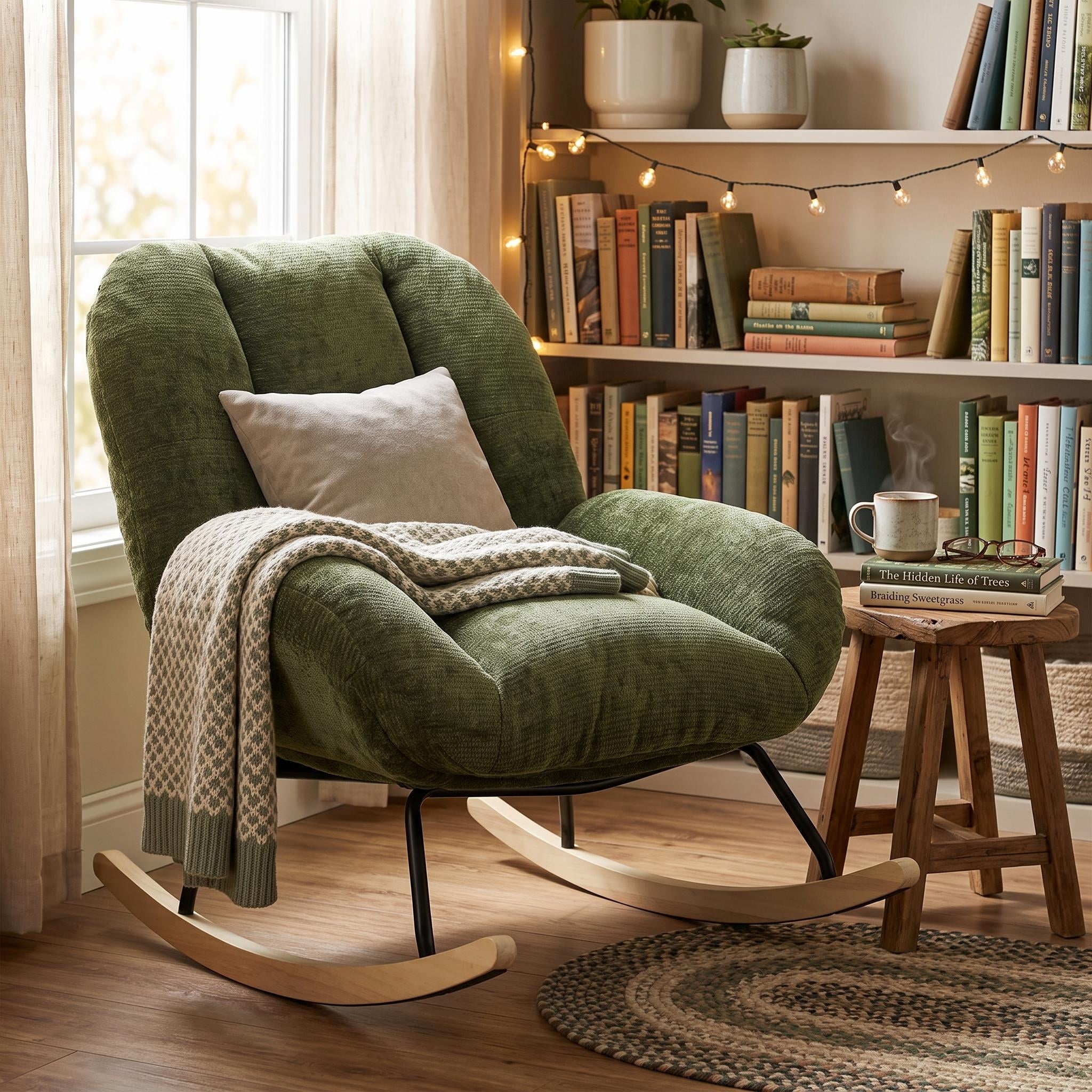 Homy Casa Green Upholstered Rocking Accent Chair, Oversized Lounge Chair with Wood Base