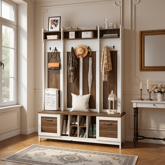 Homy Casa Hall Tree with Coat Rack, Bench, Drawers and Shelves for Hallway, Entryway, Living Room