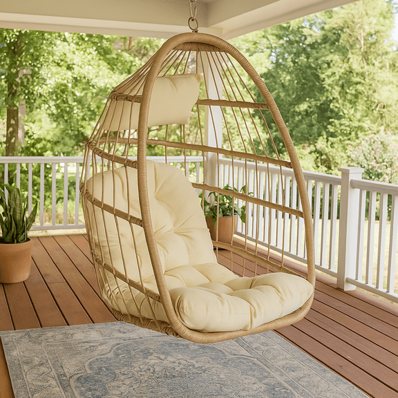 Homy Casa Hanging Egg Chair with Cushions for Covered Porch Relaxation, Natural & Beige