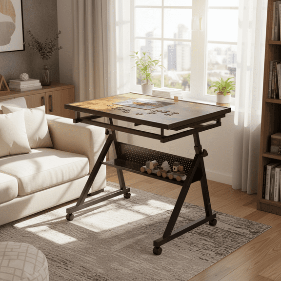 Homy Casa Height Adjustable Puzzle  Games Table with Rolling Wheel, Tilt Board & Storage Drawers