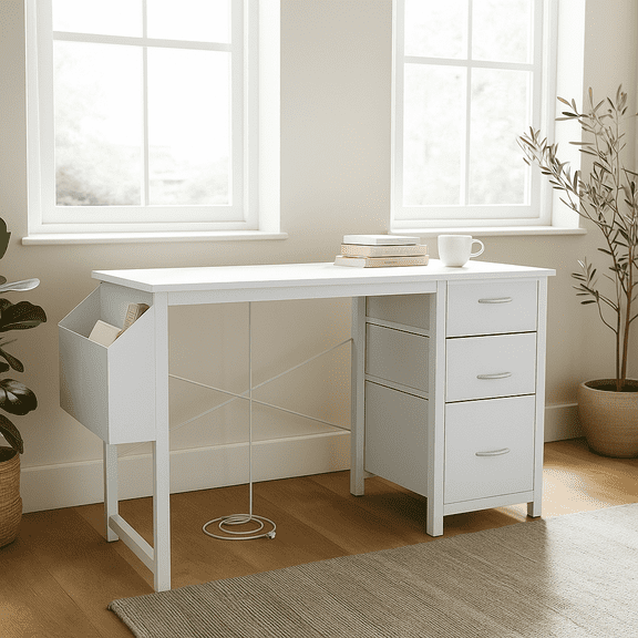 Homy Casa Home Office Desk with Drawers and USB Ports, Modern Study Table for Remote Work Setup, White