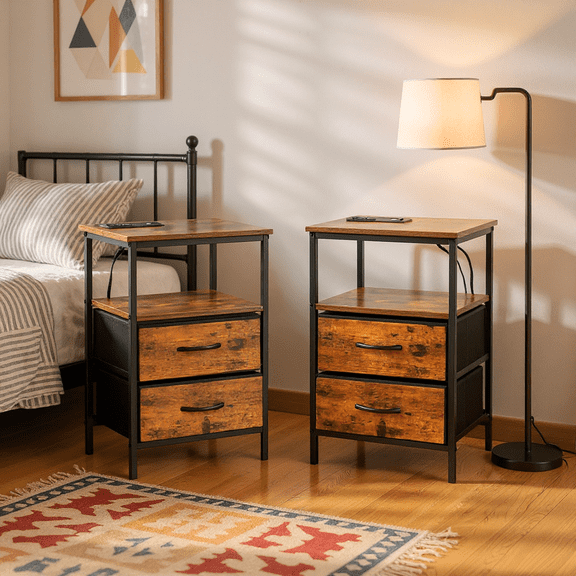 Homy Casa 2-Piece Nightstand Set with Charging Station, Rustic Wood Bedside Table with Drawers