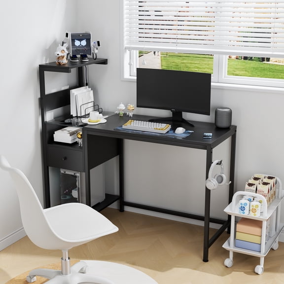 Homy Casa Industrial Office Desk with Shelves & Charging Station for Home Workstation, Black
