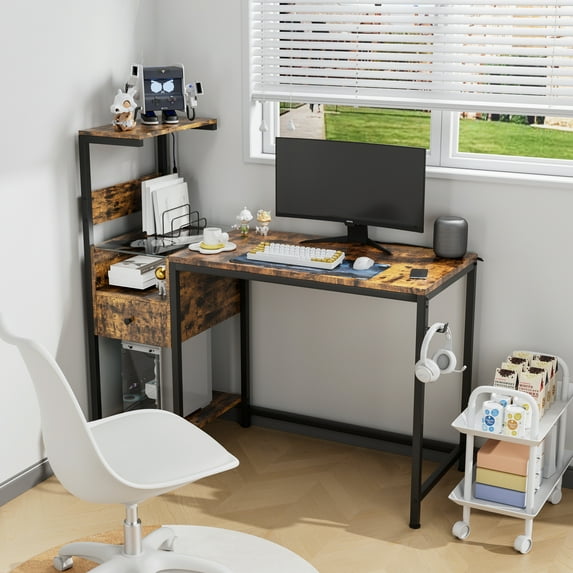 Homy Casa Industrial Office Desk with Shelves & Charging Station for Home Workstation, Brown