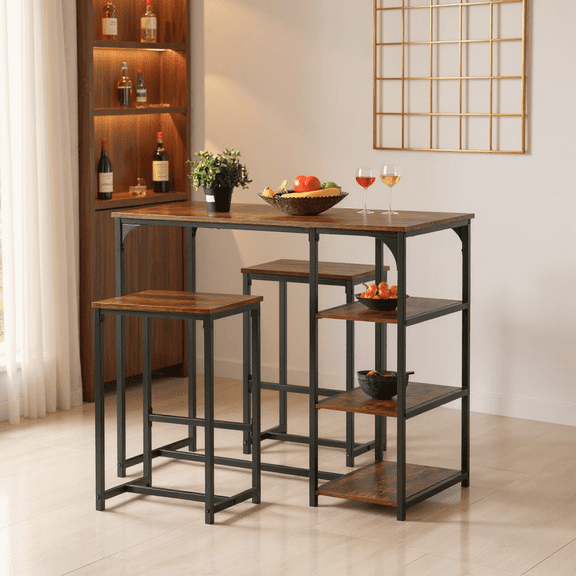 Homy Casa Industrial Pub Dining Table Set with Storage Shelves, Bar Table and 2 Stools, Rustic Brown