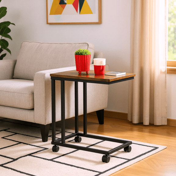 Homy Casa Industrial Rolling End Table with Wheels, Rustic Brown Wood Top for Living Room, Bedroom