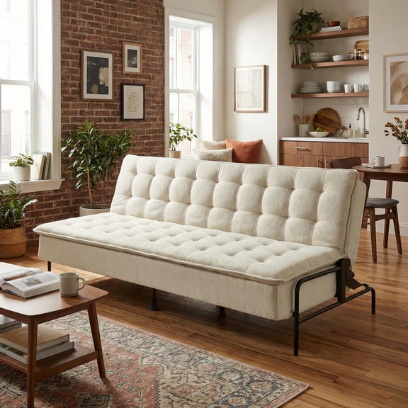 Homy Casa JAKO 77" Beige 3-Seater Sofa Bed with Adjustable Backrest, Spring Support, Easy Assembly