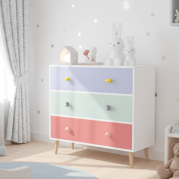 Homy Casa Kids 3 Drawer Accent Cabinet, Colorful Wood Dresser for Nursery & Bedroom Storage