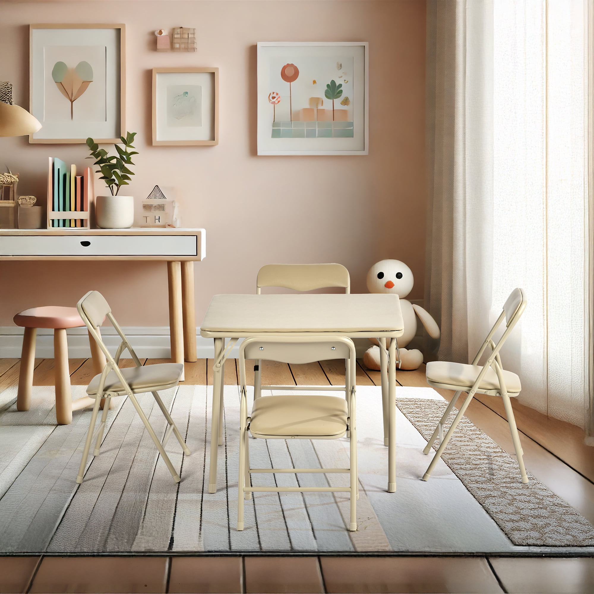 Homy Casa Kids 5-Piece Folding Activity Table and Chair Set, Classic Beige