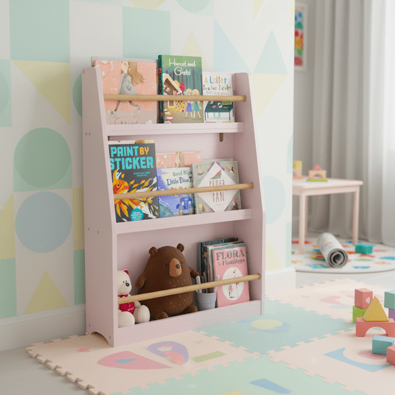 Homy Casa Kids Bookcase, 3-Tier Toddler Bookshelf for Nursery & Playroom, Pink