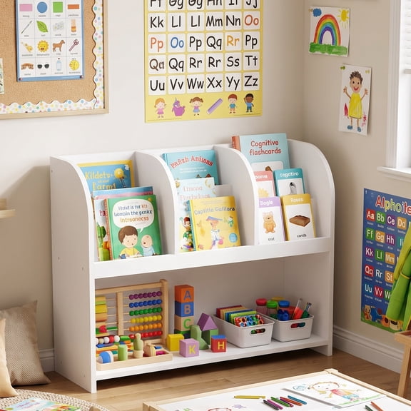 Homy Casa Kids Bookshelf and Toy Storage Organizer with 3 Cubbies and Open Shelf, White
