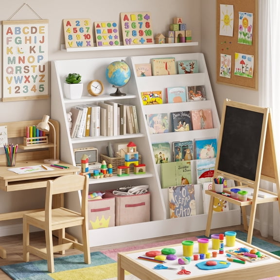 Homy Casa Kids Bookcase, White Toddler Nursery Storage Shelf Slanted Display Rack for Reading Nook Playroom