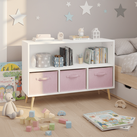 Homy Casa Kids Bookcase with Fabric Bins, Toy Storage Bookshelf Organizer for Bedroom Playroom