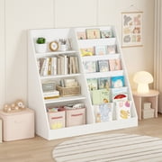 Homy Casa 4 Tier Wooden Kids Bookcase, Front Facing Toddler Bookshelf with Storage, Child-Size Toy Organizer for Nursery, Playroom and Kids Bedroom, Stable Trapezoid White