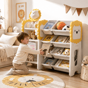 Homy Casa 41.3" Kids Toy Storage Organizer with Bookshelf and Storage Bins, Montessori Playroom Shelf, White & Yellow