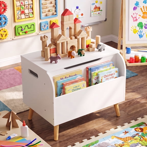 Homy Casa Kids Bookshelf with Toy Storage Bench, Front Facing Book Organizer for Playroom Kids Room