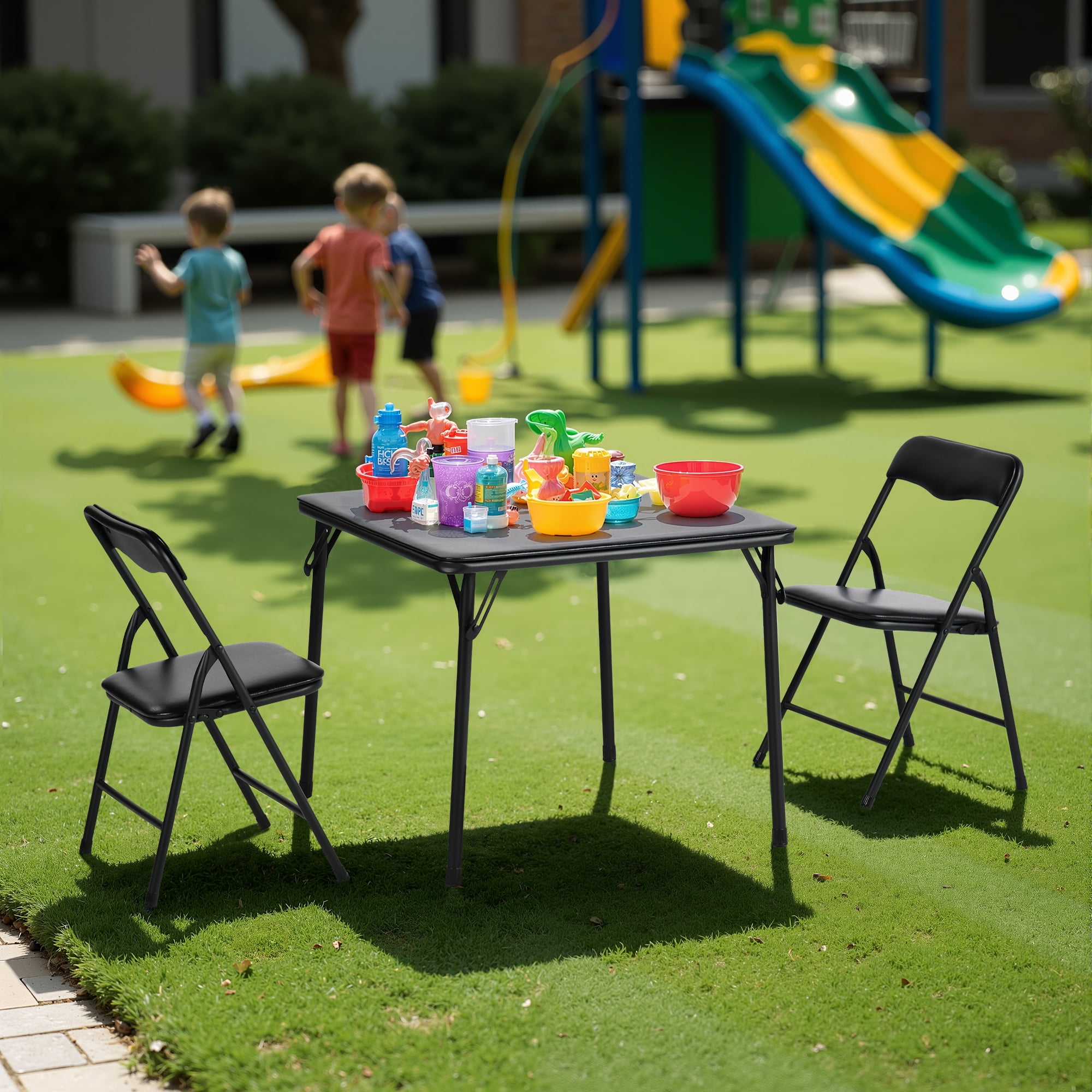 Homy Casa Kids Picnic Table Set of 3, Foldable Table and Chairs for Outdoor & Indoor Play, Black
