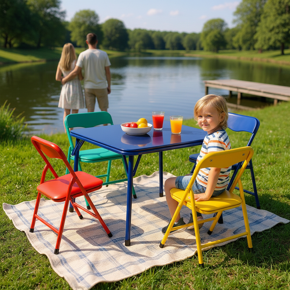 Homy Casa Kids Picnic Table and Chair Set, Foldable Metal Frame for Camping Party or Backyard Play Set