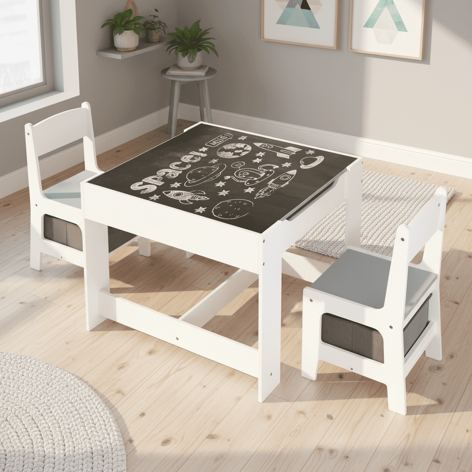 Homy Casa Kids Table and Chair Set, 3-in-1 Activity Table with Storage, Toddler Learning Play Set