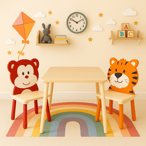 Homy Casa Kids Table and Chairs Set, 3-Piece Wooden Activity Table for Toddlers, Bear & Tiger