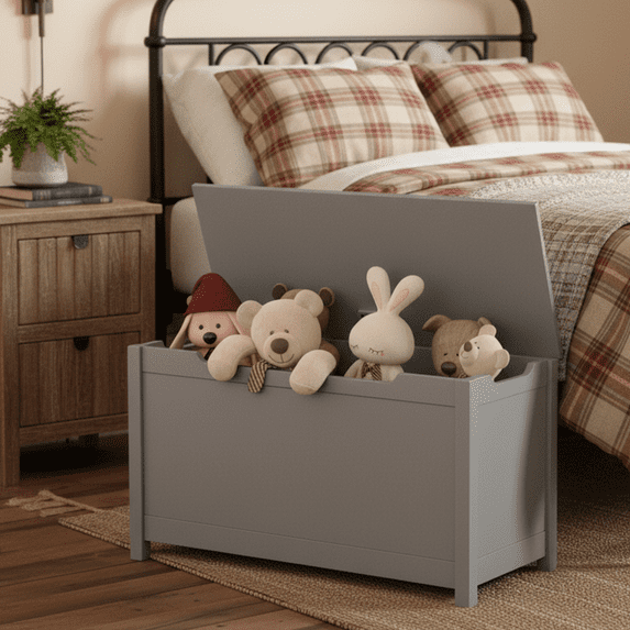 Homy Casa Kids Toy Storage Cabinet with Safety Hinged Lid, Gray Wood Accent Chest
