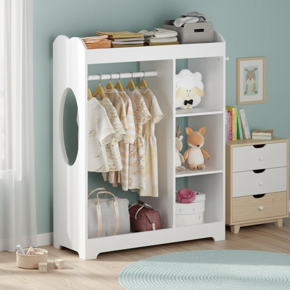 Homy Casa Kids Dress Up Storage with Mirror, Child-Safe MDF Toddler Costume Organizer with Hanging Rod, Hooks & Shelves for Playroom Bedroom Nursery White