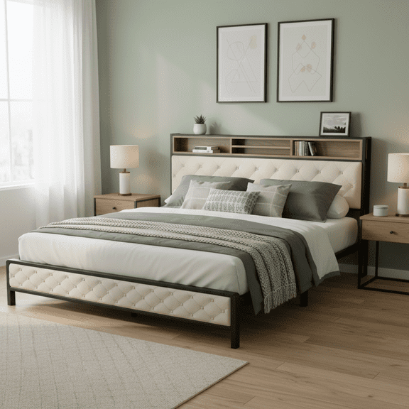 Homy Casa King Bed Frame with Storage Headboard, Upholstered Platform, Metal Slats