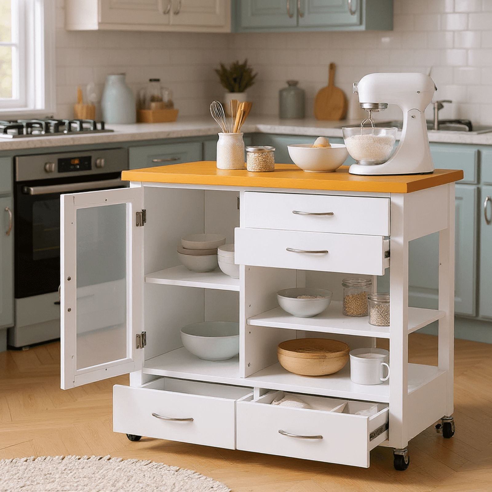 Homy Casa Kitchen Island Cart with Drawers, Shelves, and Glass Door, Rolling Storage Cabinet on Wheels