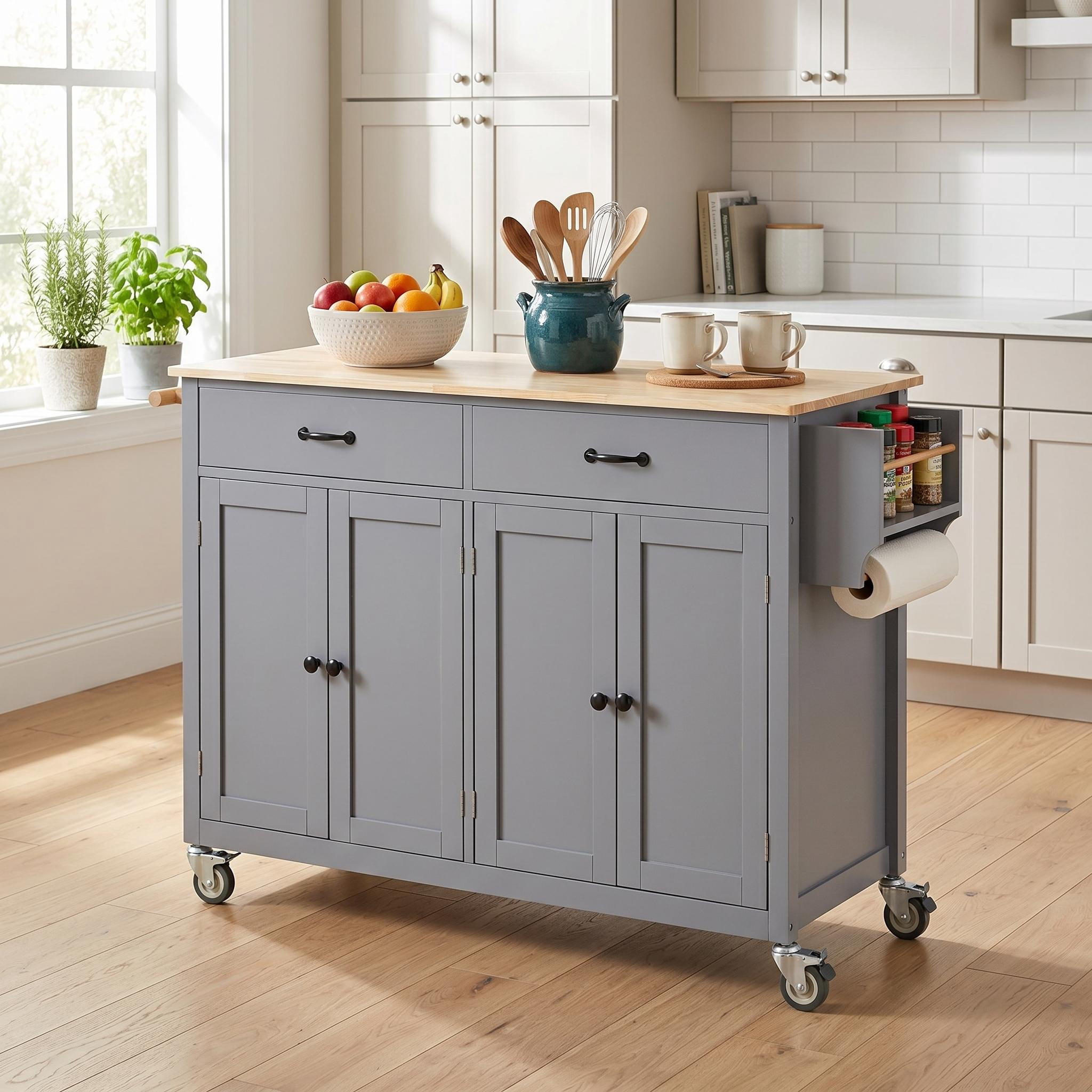 Homy Casa Kitchen Island Cart with Solid Wood Top, 4 Door Cabinet, 2 Drawers, Spice & Towel Rack, Blue