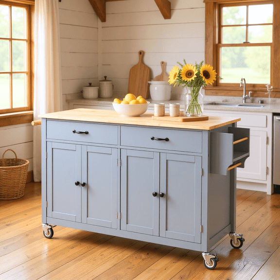 Homy Casa Kitchen Island Cart with Solid Wood Top, 4 Door Cabinet, 2 Drawers, Spice & Towel Rack, Blue