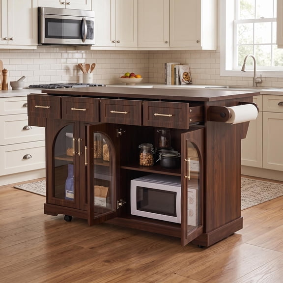Homy Casa 65.2-inch Rolling Kitchen Island Cart with Drop Leaf, Power Outlet and Storage, Walnut Brown