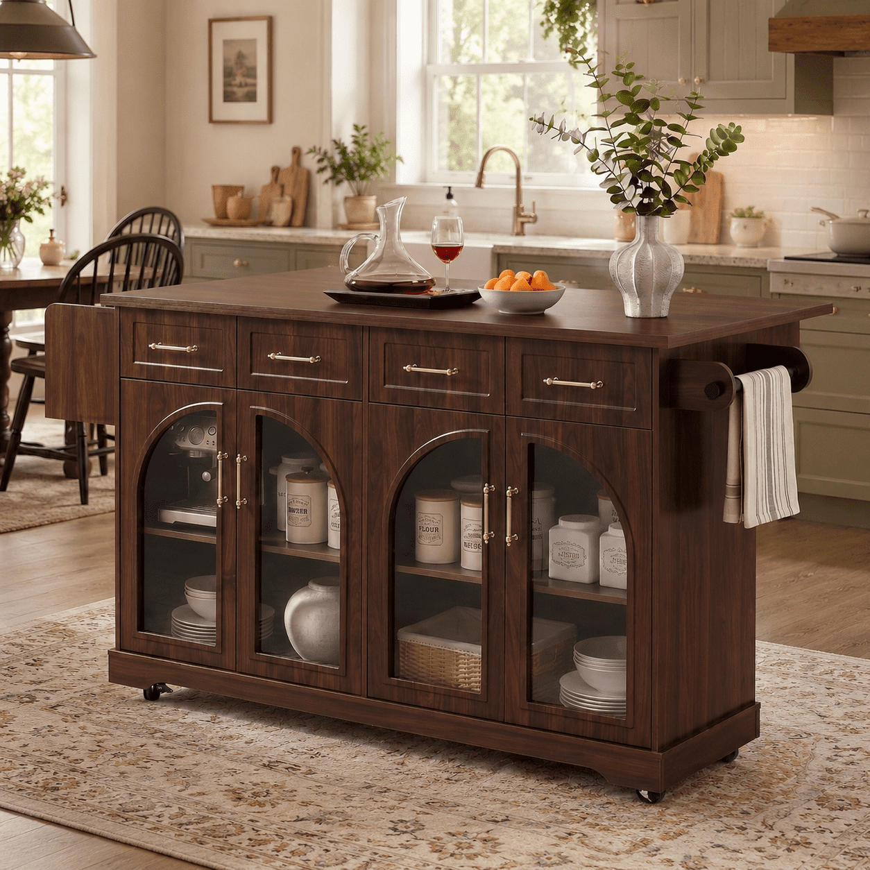 Homy Casa 65.2" Kitchen Island with Storage, Drop Leaf, Power Outlet and Arched Glass Doors, Walnut Brown