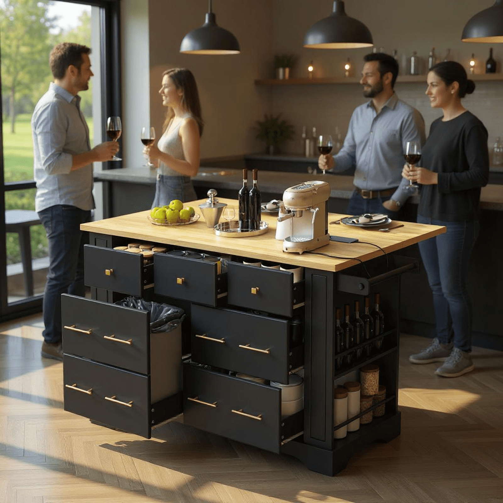 Homy Casa Kitchen Island with 6 Drawers, Drop Leaf, Trash Can Cabinet, Power Outlets & Shelves