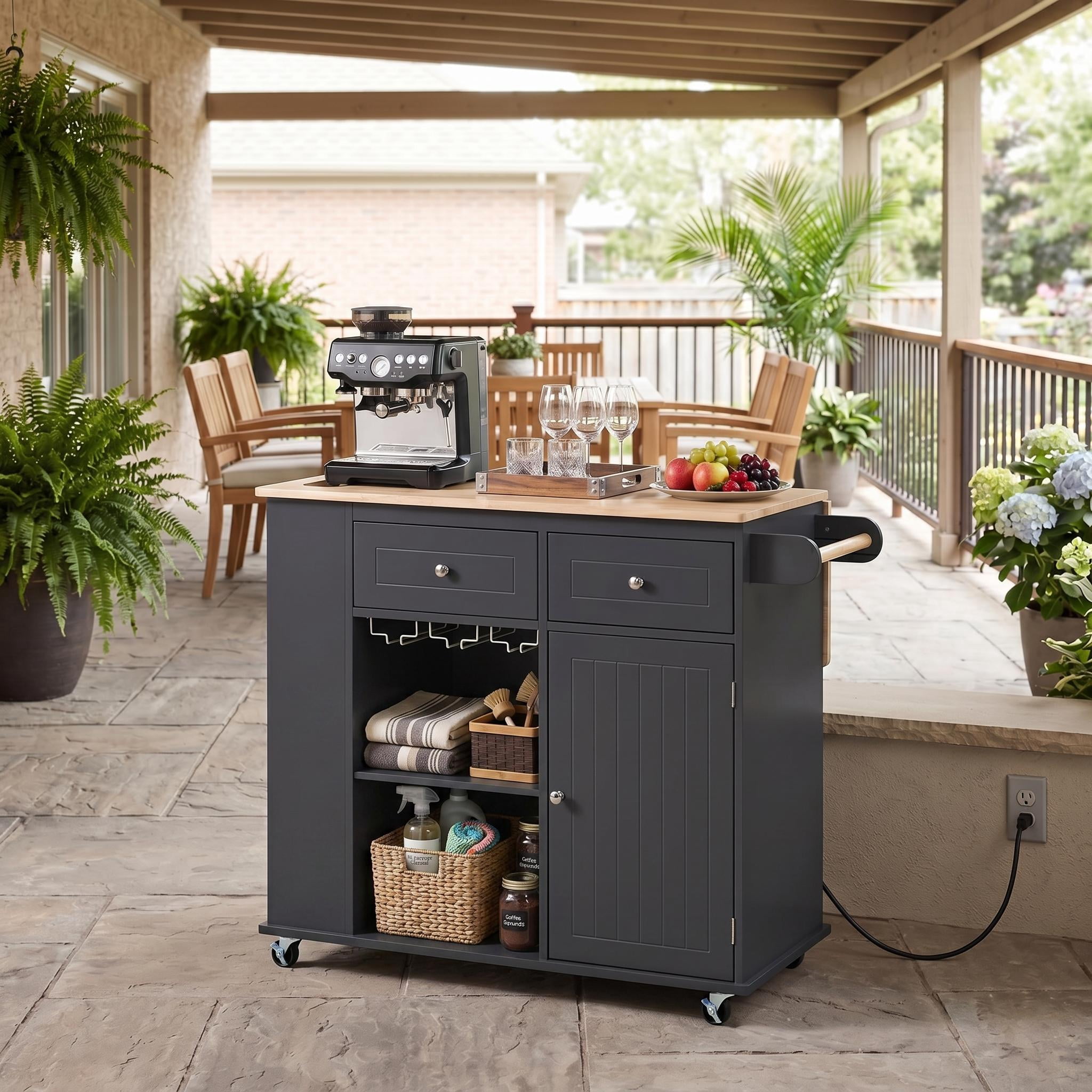 Homy Casa Kitchen Island with Power Outlet, Storage Cabinet on Wheels,for Kitchen & Dining Room, Black