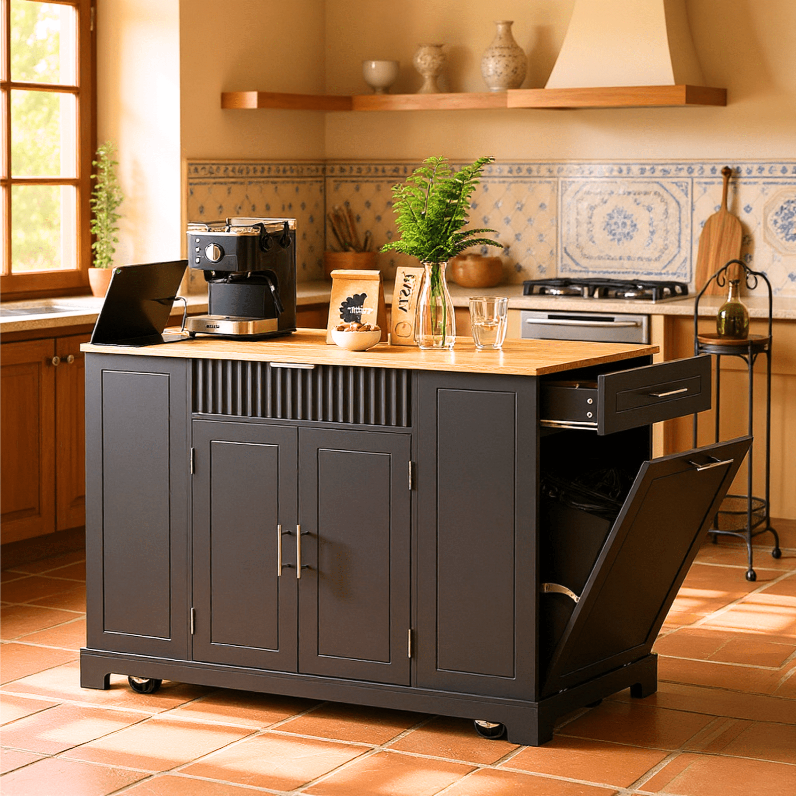 Homy Casa Kitchen Island with Power Outlet, Hidden Trash Bin, Rolling Storage Cabinet with Drawers, Black