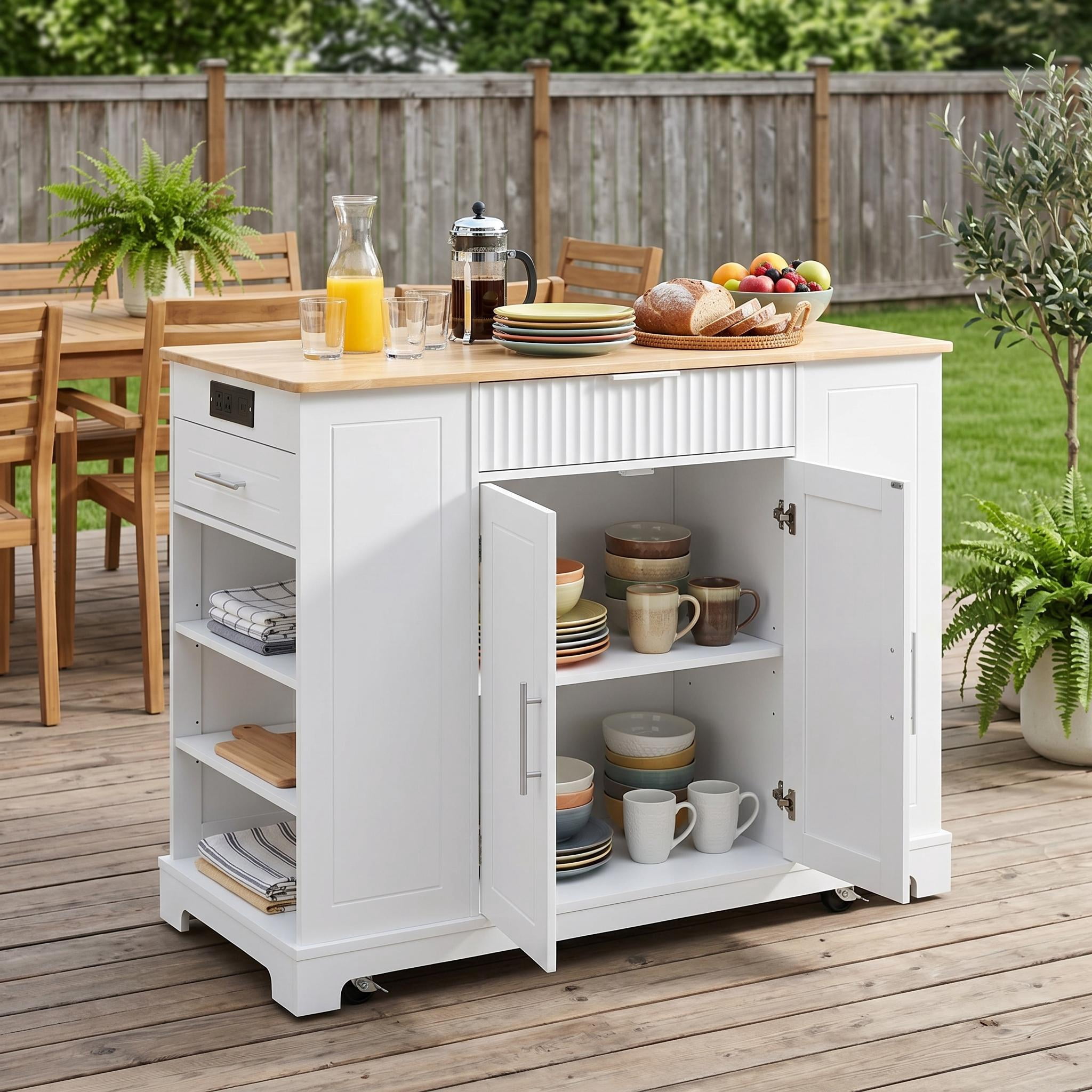 Homy Casa Kitchen Island with Power Outlet, Hidden Trash Bin, Rolling Storage Cabinet with Drawers