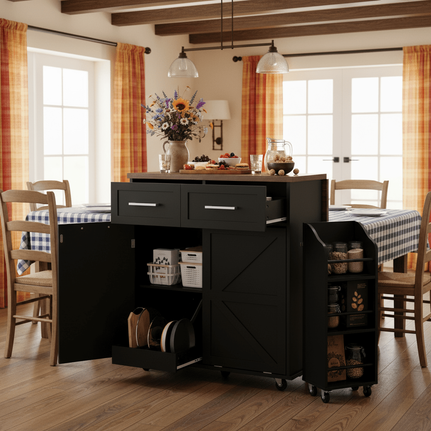 Homy Casa Kitchen Serving Cart with Drop Leaf, Storage Cabinets, Drawers and Wheels, Black