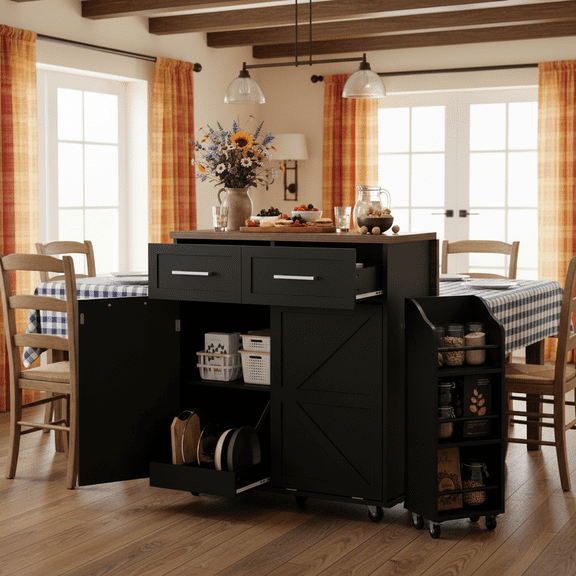 Homy Casa Kitchen Serving Cart with Drop Leaf, Storage Cabinets, Drawers and Wheels, Black