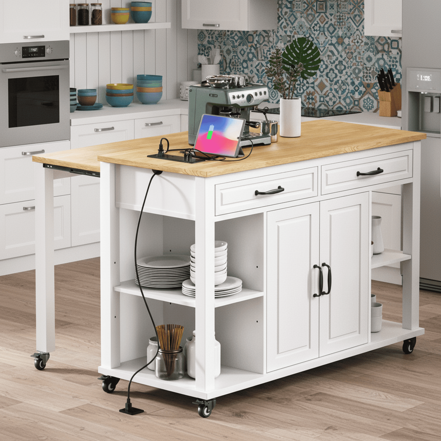 Homy Casa Kitchen Serving Cart with Extendable Table, Drawers, Power Outlet, for Dining Room, White