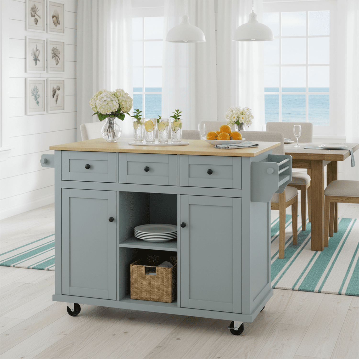 Homy Casa Kitchen Serving Cart with Folding Top Drop Leaf, Storage Cabinet and Wheels, Grey Blue