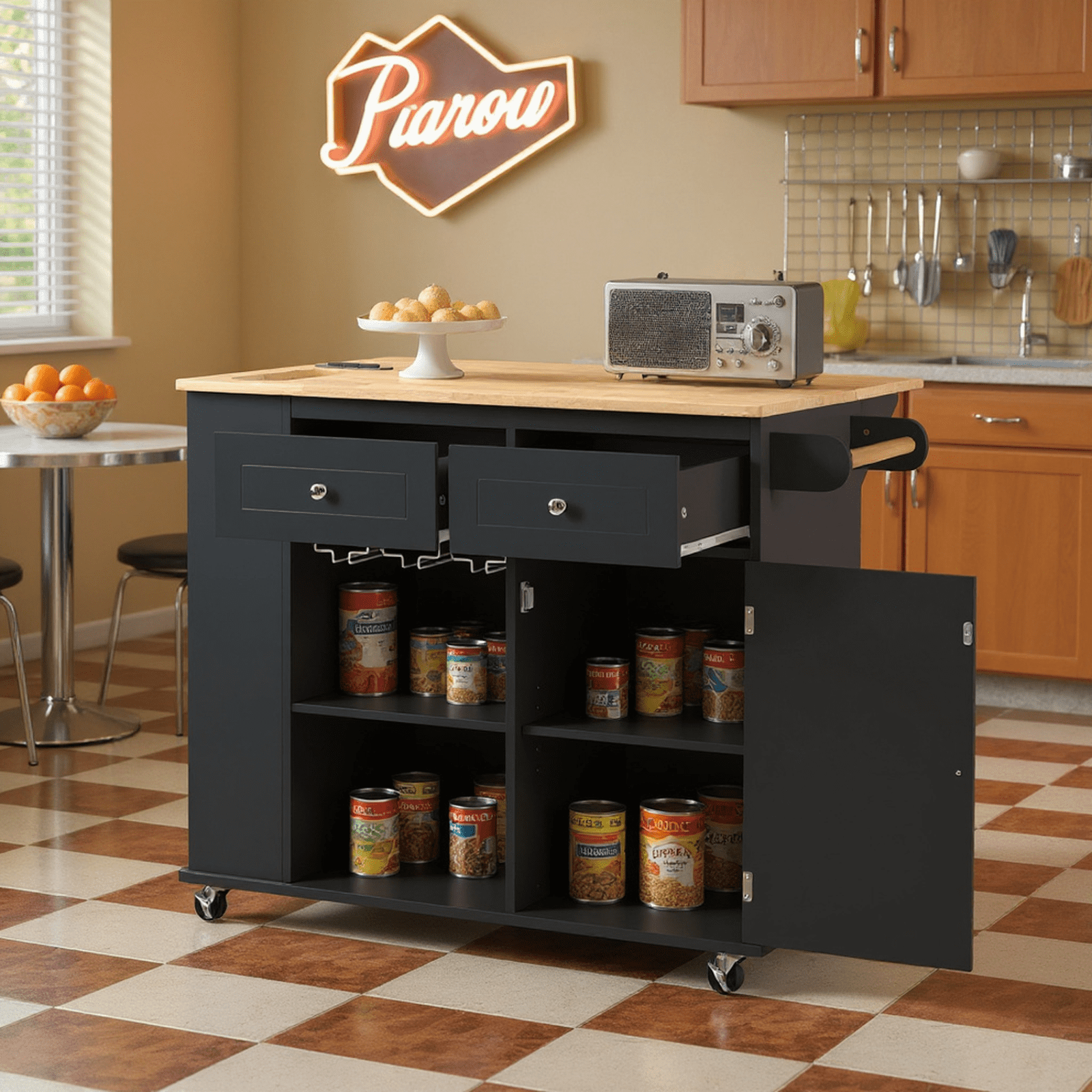 Homy Casa Kitchen Serving Cart with Power Outlet, Wine Rack & Storage Shelves, Rolling Serving Cart