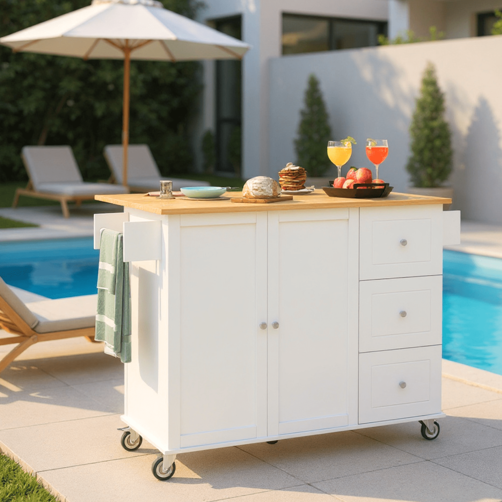 Homy Casa Kitchen Serving Cart with Storage, 3 Drawers, Side Shelf & Wood Top, Rolling Island on Wheels