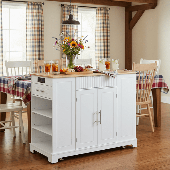 Homy Casa Kitchen Serving Cart with Storage Cabinet Drawers Power Outlet, for Dining Room, White