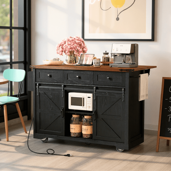 Homy Casa Kitchen Serving Cart with Storage, Drop Leaf & Sliding Door, Mobile Kitchen Island on Wheels