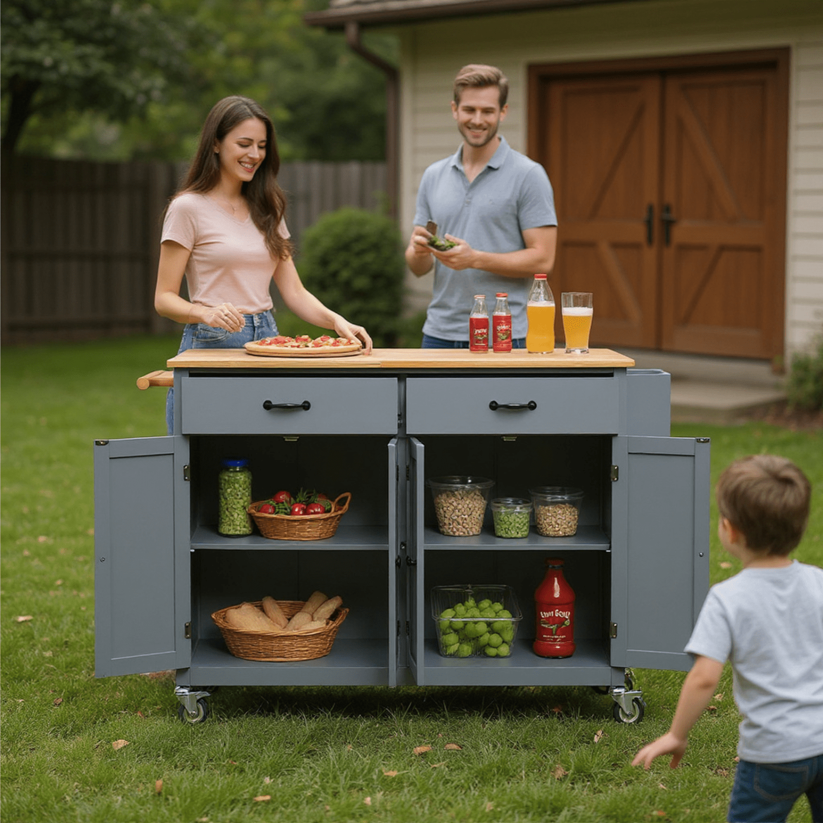 Homy Casa Kitchen Serving Cart with Storage, Large Drawer, Wood Top & Wheels, Mobile Kitchen Island