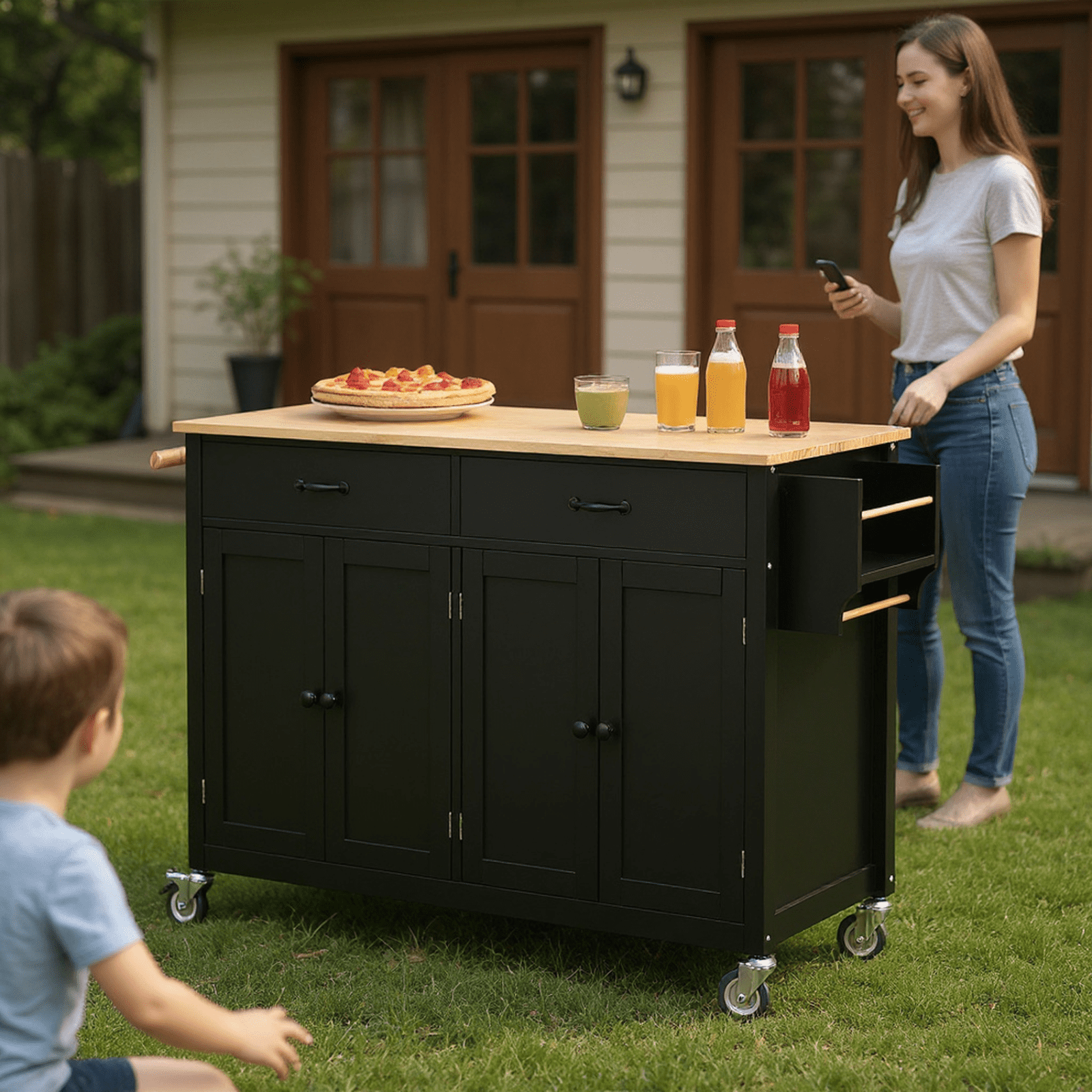 Homy Casa Kitchen Serving Cart with Storage, Large Drawer, Wood Top & Wheels, Mobile Kitchen Island