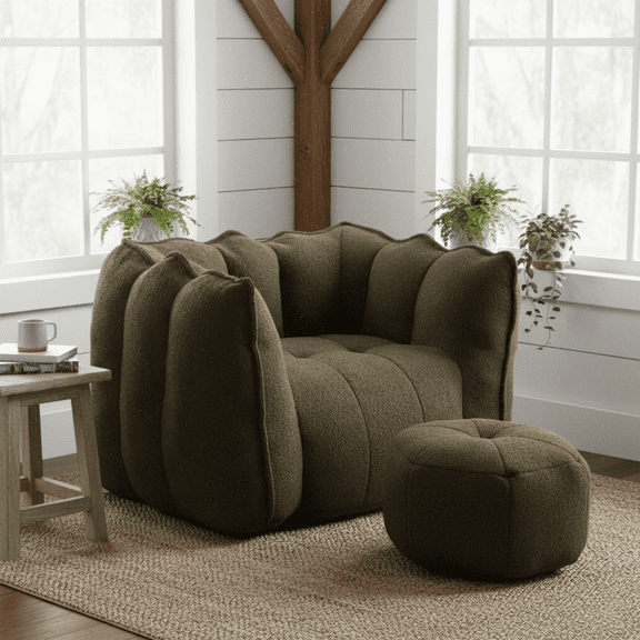 Homy Casa Lazy Sofa Bean Bag Chair with Ottoman, Chenille Reading & Gaming Chair for Adults