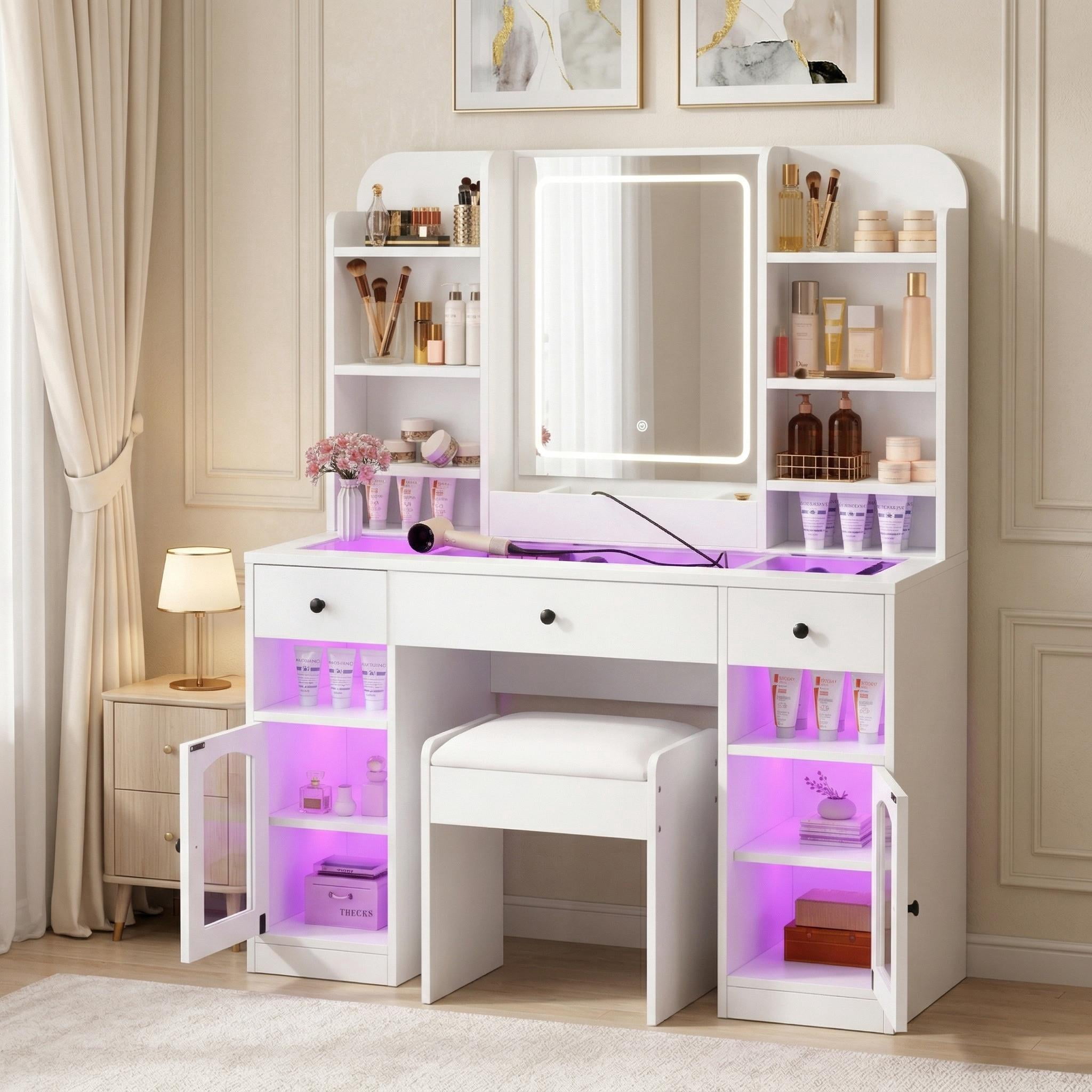 Homy Casa Makeup Vanity Table with Lighted Mirror, RGB Lights, Charging & Stool, White