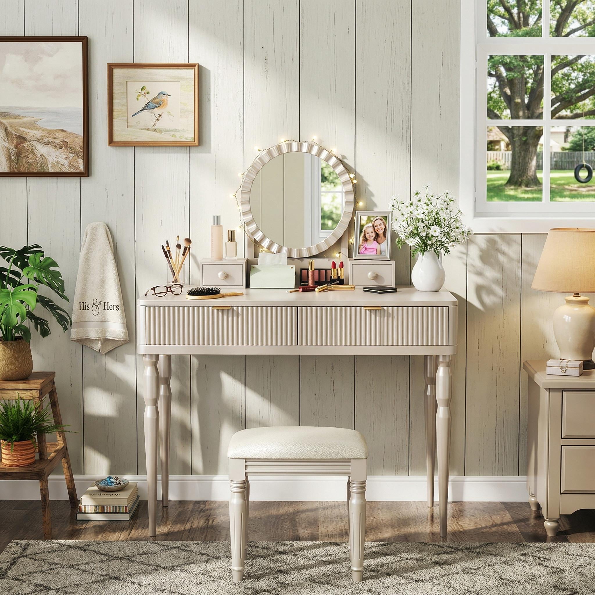 Homy Casa Makeup Vanity Table with Round Mirror, 4 Drawers & Stool, Cream White